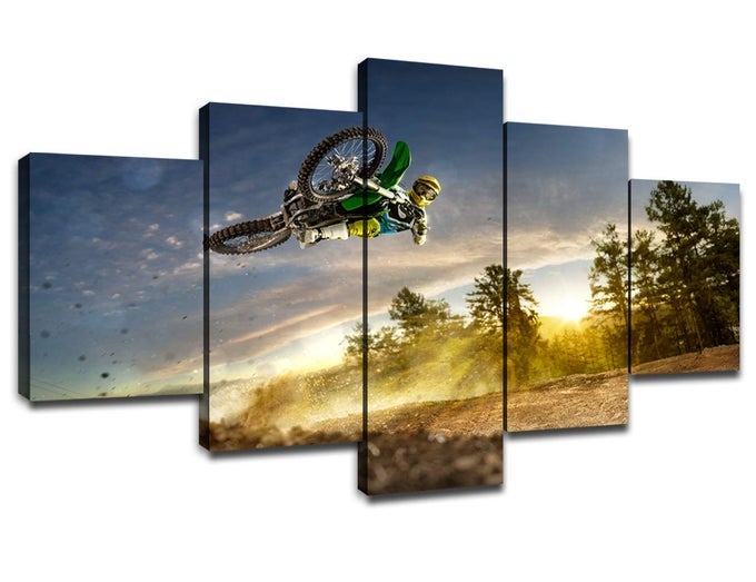 DIRT BIKE WALL ART MOTOCROSS COOL PAINTINGS FOR WALL DIRTBIKE ARTWORK CANVAS POSTER DINING ROOM PICTURES FRAMED WALL DECOR FOR LIVING ROOM READY TO HANG 5 PANEL60WX32H