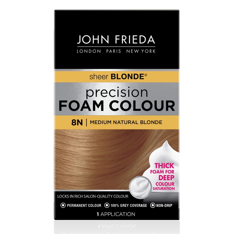 John Frieda Precision Foam Colour, Medium Natural Blonde 8N, Full-Coverage Hair Color Kit, Anti-Fade Gray Coverage, Deep Color Saturation Hair Dye, 1 Application - Image 1