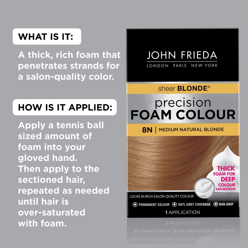 John Frieda Precision Foam Colour, Medium Natural Blonde 8N, Full-Coverage Hair Color Kit, Anti-Fade Gray Coverage, Deep Color Saturation Hair Dye, 1 Application - Image 2
