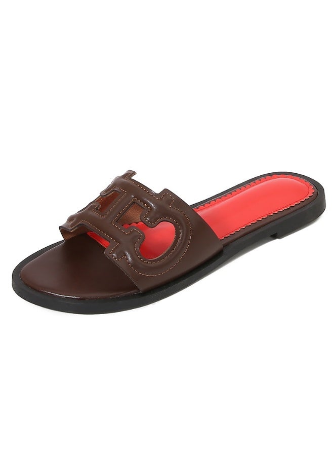 NIBEMINENT Women's Sandals  Summer Retro Slippers  Low Heel Leather Casual Open Toe Outdoor Slippers Beach Shoes  - Image 1