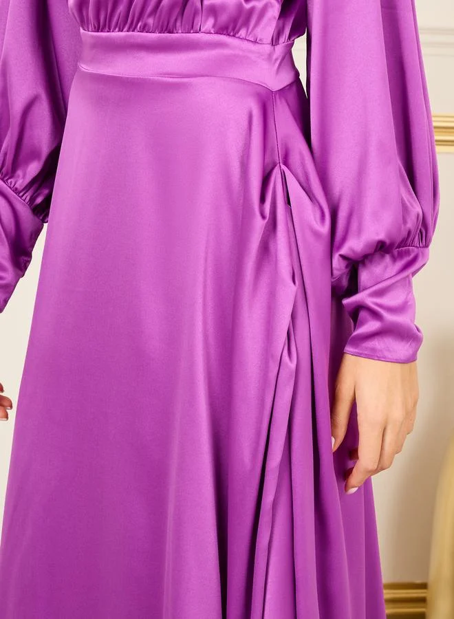 Styli Satin Cuff Sleeves Asymmetric Hem A-Line Maxi Dress