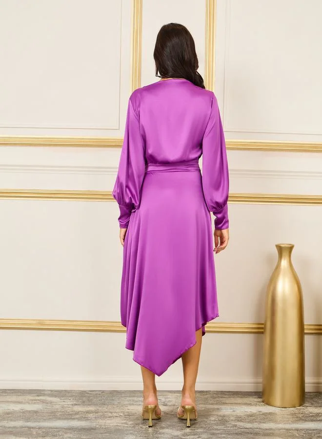 Styli Satin Cuff Sleeves Asymmetric Hem A-Line Maxi Dress