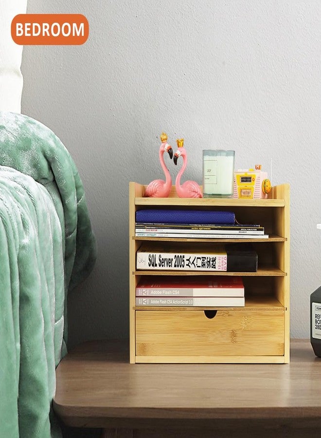 KKTONER 5-Tier Bamboo Desk Organizer with Drawer Tabletop File Organizer Document Holder with Shelf Desktop Cabinet for Home Office School Supplies (Natural) - Image 5