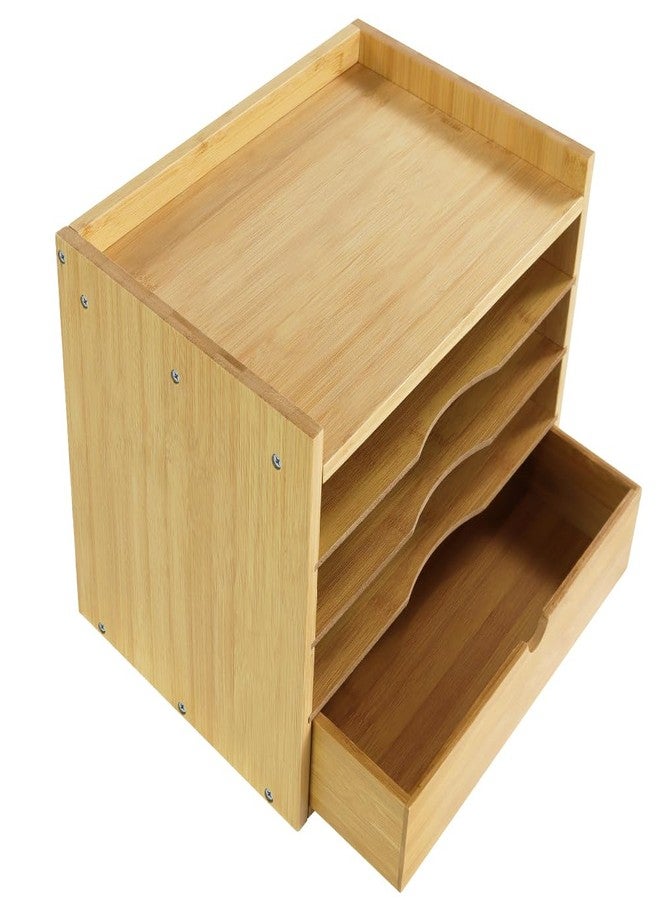 KKTONER 5-Tier Bamboo Desk Organizer with Drawer Tabletop File Organizer Document Holder with Shelf Desktop Cabinet for Home Office School Supplies (Natural) - Image 1