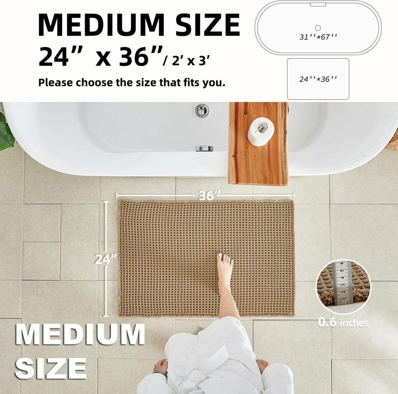 TYUU Waffle Bath Mat, Boho Bathroom Rugs Non Slip Washable Super Absorbent Quick Dry Farmhouse Bathroom Decor, 36"x24" / 3' x 2' Khaki - Image 2