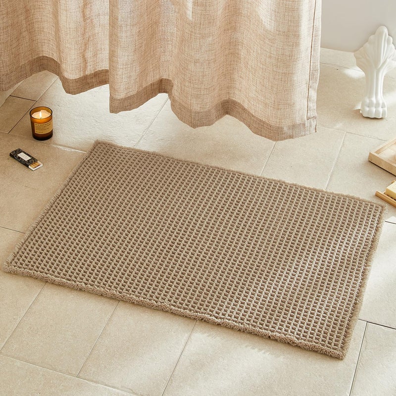 TYUU Waffle Bath Mat, Boho Bathroom Rugs Non Slip Washable Super Absorbent Quick Dry Farmhouse Bathroom Decor, 36"x24" / 3' x 2' Khaki - Image 1