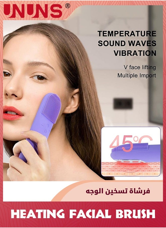 UNUNS - Sonic Facial Cleansing Brush,Power Face Scrubber With 5 Speed Modes,Waterproof 3 in 1 Anion Import With 45℃ Heating Massage,USB Rechargeable Silicone Face Brush,Purple - Image 1
