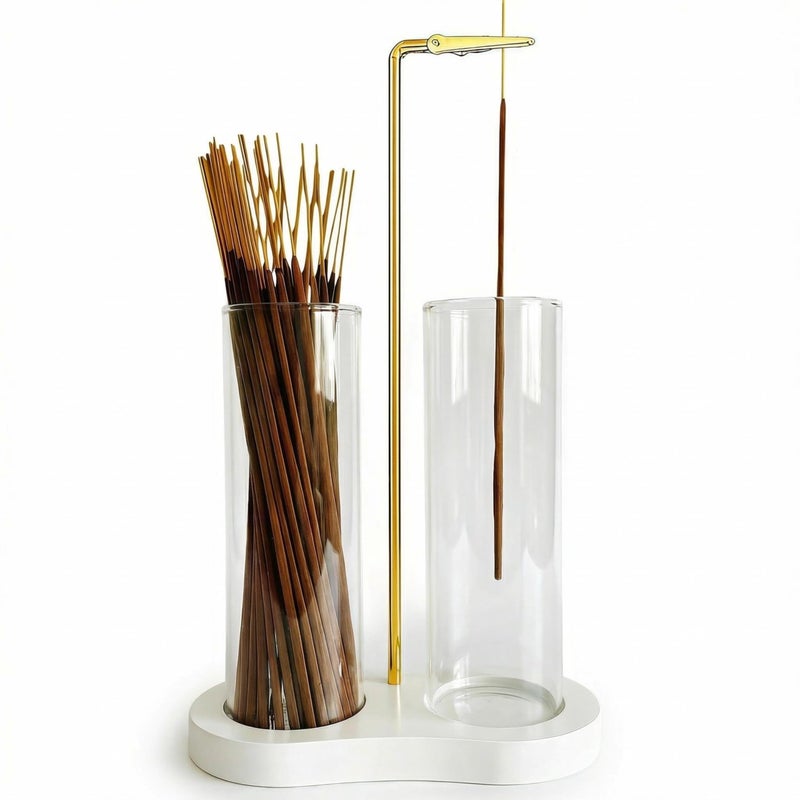 Moocervi Glass Incense Holder, Incense Sticks Burner Holder with Storage,Hang Upside Down Incense Holder for Sticks with Glass Ash Catcher for Meditation Yoga Spa Room Decor (White) - Image 1