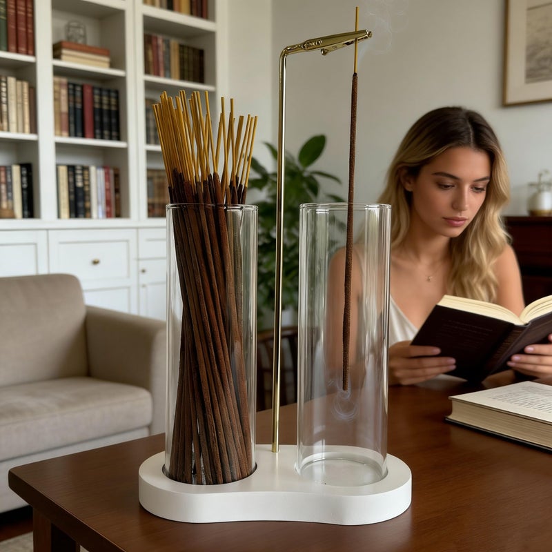 Moocervi Glass Incense Holder, Incense Sticks Burner Holder with Storage,Hang Upside Down Incense Holder for Sticks with Glass Ash Catcher for Meditation Yoga Spa Room Decor (White) - Image 3