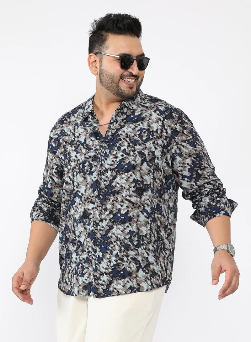 انستافاب بلس Men Block-Haze Jacquard Shirt | Spread Collar , Long Single-Button Cuff Sleeves | Button Closure , Curved Hem | Abstract Jacquard | Woven Fabric For Casual & Evening Wear | Blue & Beige