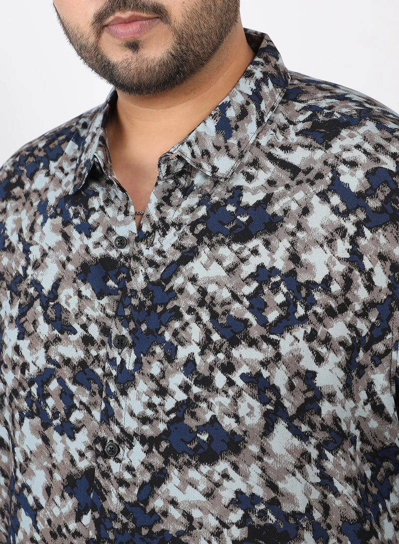 Instafab Plus  Men Block-Haze Jacquard Shirt | Spread Collar , Long Single-Button Cuff Sleeves | Button Closure , Curved Hem | Abstract Jacquard | Woven Fabric For Casual & Evening Wear | Blue & Beige for Men | Best Price UAE
