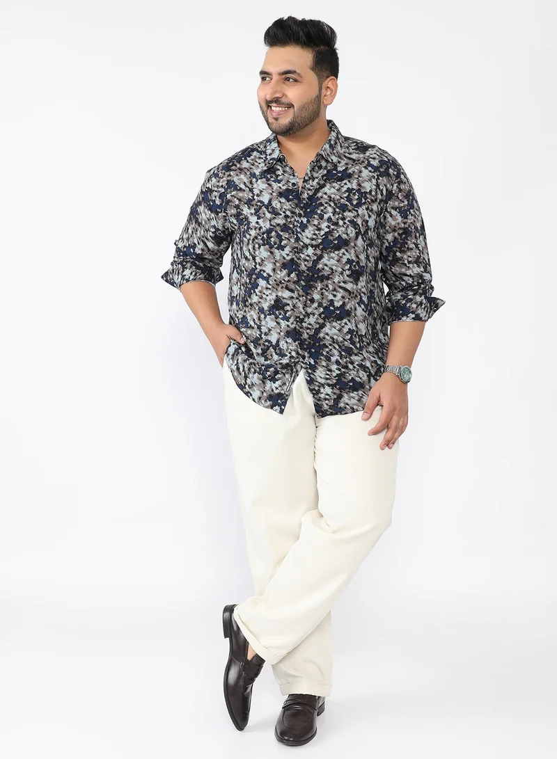Instafab Plus  Men Block-Haze Jacquard Shirt | Spread Collar , Long Single-Button Cuff Sleeves | Button Closure , Curved Hem | Abstract Jacquard | Woven Fabric For Casual & Evening Wear | Blue & Beige for Men | Best Price UAE