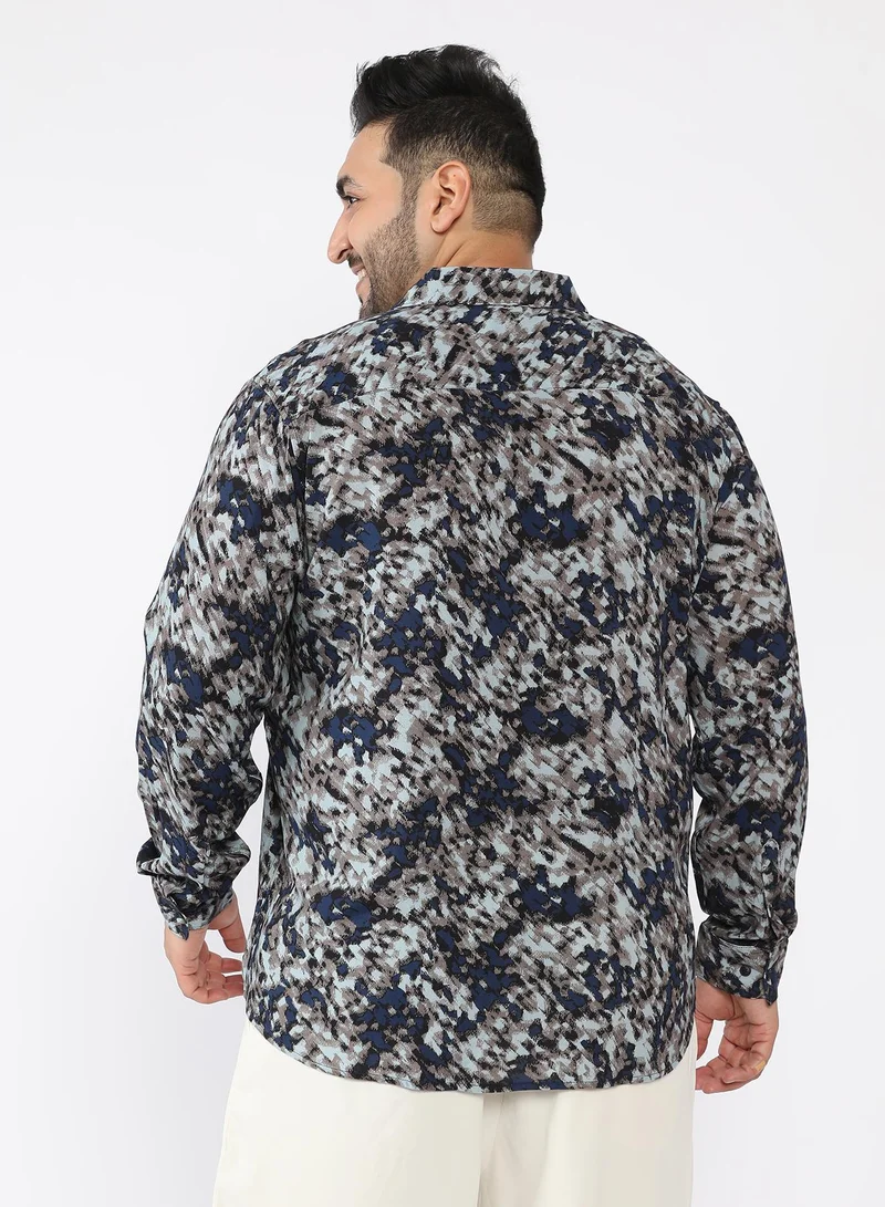 Instafab Plus  Men Block-Haze Jacquard Shirt | Spread Collar , Long Single-Button Cuff Sleeves | Button Closure , Curved Hem | Abstract Jacquard | Woven Fabric For Casual & Evening Wear | Blue & Beige for Men | Best Price UAE
