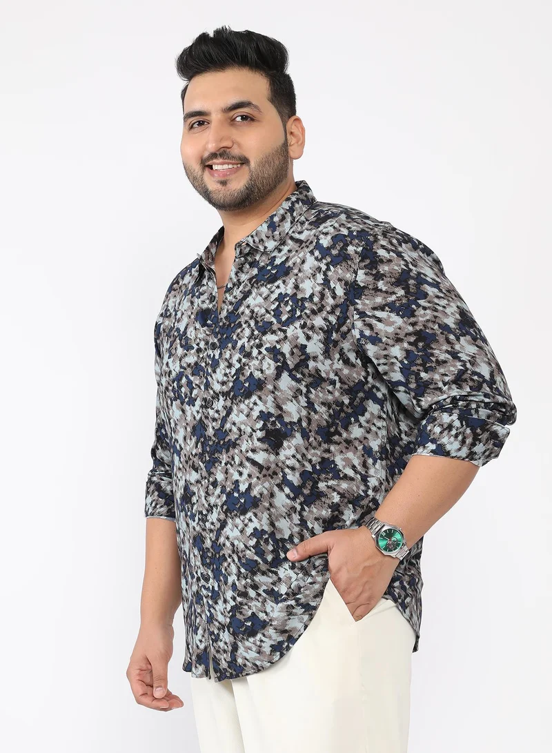 Instafab Plus  Men Block-Haze Jacquard Shirt | Spread Collar , Long Single-Button Cuff Sleeves | Button Closure , Curved Hem | Abstract Jacquard | Woven Fabric For Casual & Evening Wear | Blue & Beige for Men | Best Price UAE