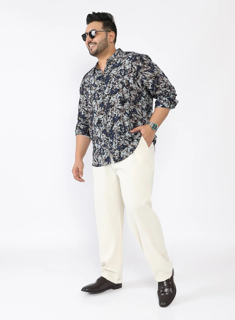 Instafab Plus  Men Block-Haze Jacquard Shirt | Spread Collar , Long Single-Button Cuff Sleeves | Button Closure , Curved Hem | Abstract Jacquard | Woven Fabric For Casual & Evening Wear | Blue & Beige for Men | Best Price UAE