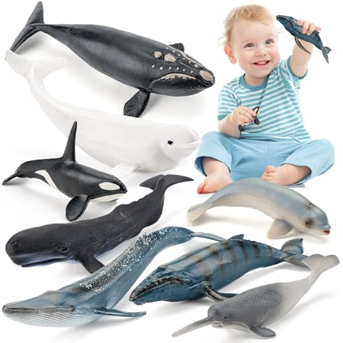 THINKBAY 8PCS Whale Figurines Toys for Toddlers Realistic Ocean Animals Figures Sea Creatures Toys for Kids Includes Beluga Orca Blue Whale Birthday Party Favors Gifts for Boy Girl - Image 1