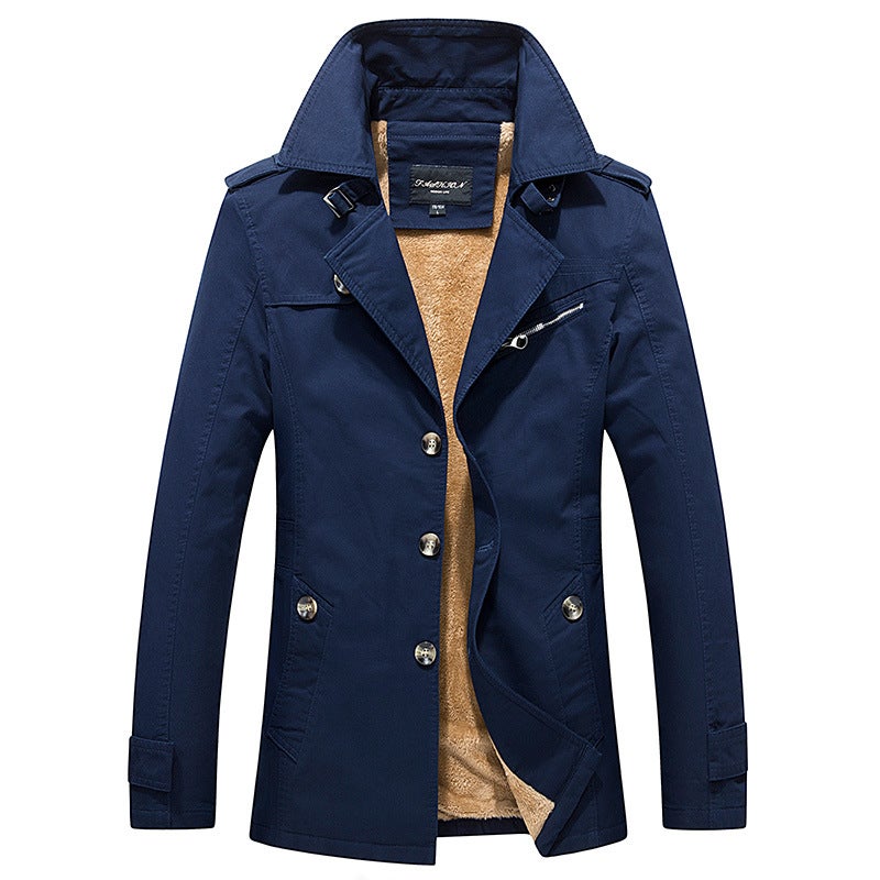 Foreign Trade Spring Mens Casual Jacket Mid-length Trendy plus size Mens Cotton Thin Windbreaker Mens Coat Top Blue fleece-lined  - Image 1
