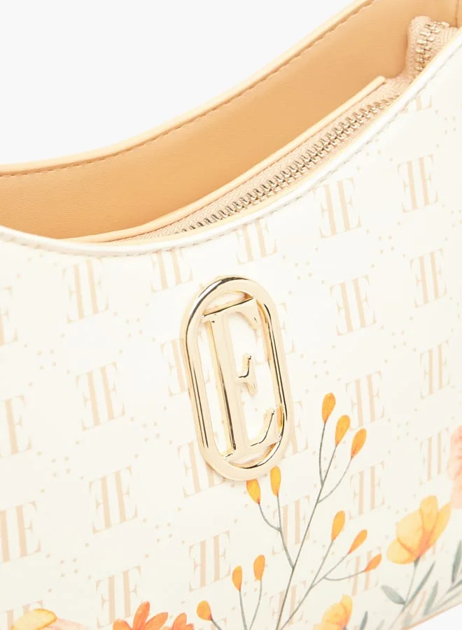 ELLE Women Monogram Print Shoulder Bag with Zip Closure and Adjustable Strap