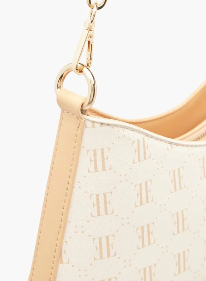 ELLE Women Monogram Print Shoulder Bag with Zip Closure and Adjustable Strap