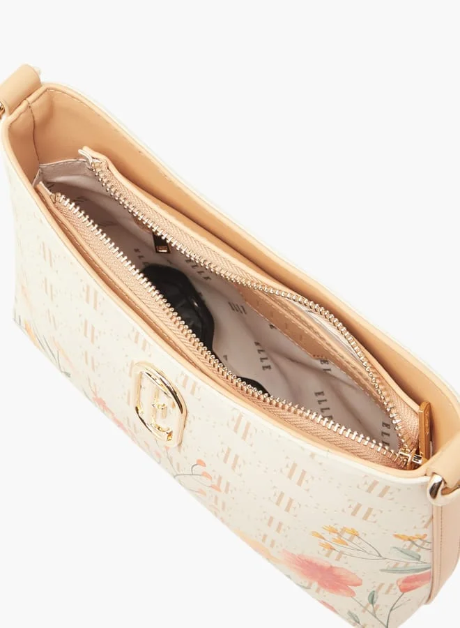 ELLE Women Monogram Print Shoulder Bag with Zip Closure and Adjustable Strap