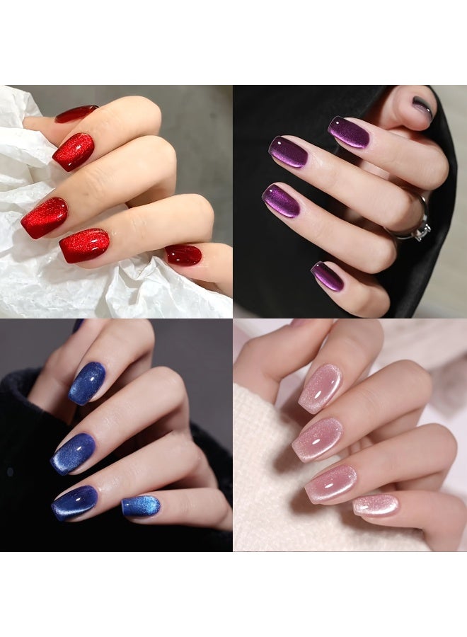 Generic 4 Box (96pcs) Glossy Short Square Nails Red Nude Pinkish Blue Purple Phantom Glitter Cat Eye Fake Nails Fully Cover False Nails Reusable Fake Nail For Female - Image 1