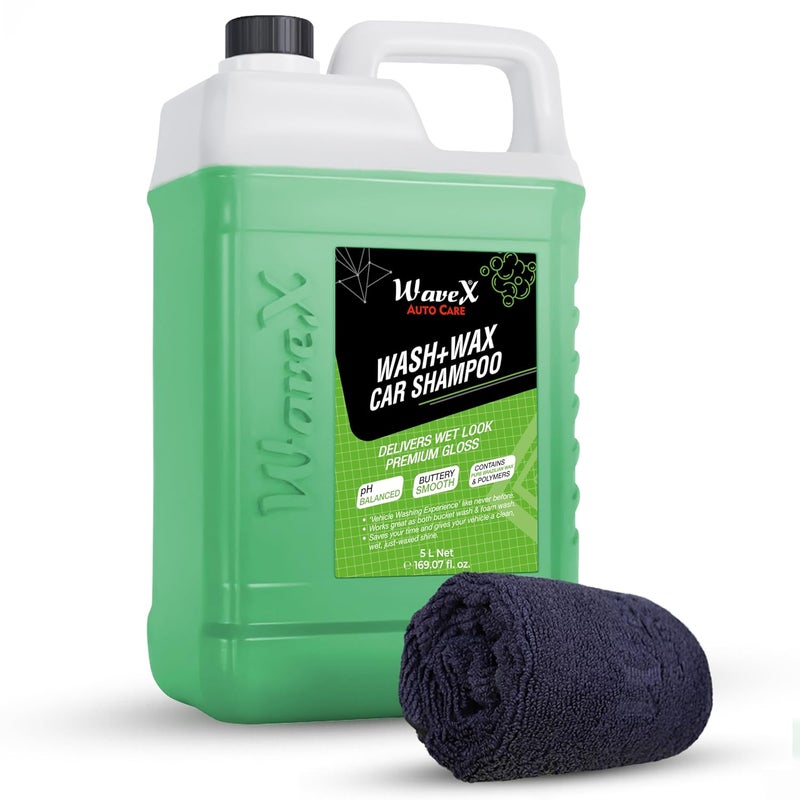 Wavex Car Shampoo Wash and Wax 5 LTR Incudes Microfiber Cloth 40x40cm 350GSM Also Works as Foam Wash - Image 1