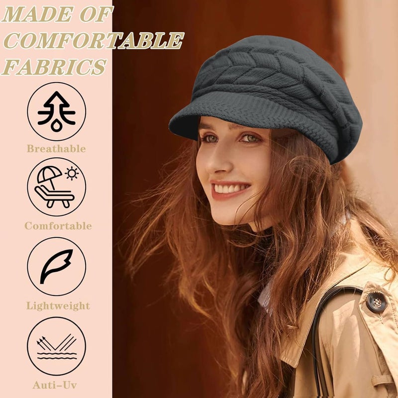 stablerice 4 Pack Womens Winter Beanie Hats Thick Warm Knit Hat with Visor Brim Wool Snow Ski Caps Chunky Soft Slouchy Cap Women Newsboy Caps Ladies Hat Knit Hats for Women(Black, grey, purple, white) - Image 4