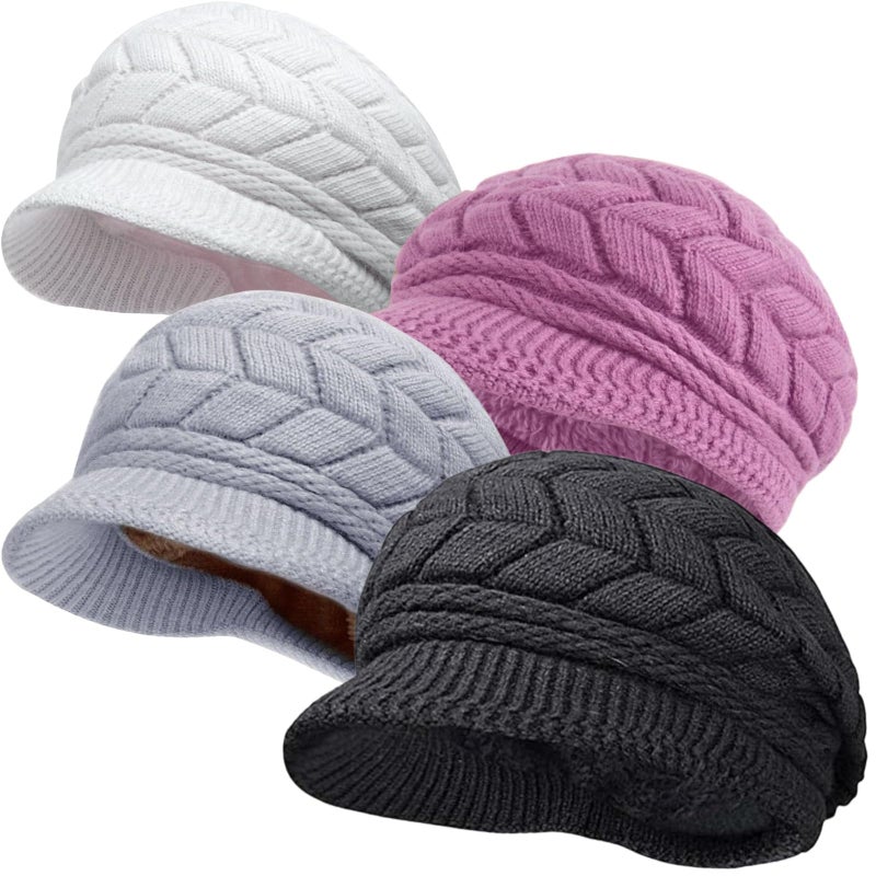stablerice 4 Pack Womens Winter Beanie Hats Thick Warm Knit Hat with Visor Brim Wool Snow Ski Caps Chunky Soft Slouchy Cap Women Newsboy Caps Ladies Hat Knit Hats for Women(Black, grey, purple, white) - Image 1