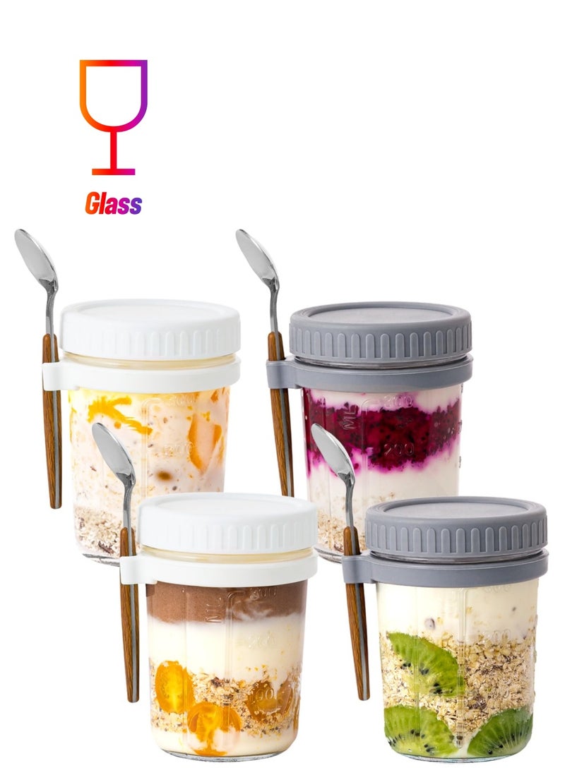 Arabest حاوية الشوفان الليلي مع غطاء وملعقة، 4 قطع برطمانات الشوفان الليلي 350 مل، حاوية الإفطار، حاوية تخزين سلطة الحبوب والحليب والخضروات والفواكه مع علامات قياس - Image 1