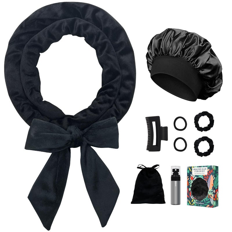 Gwabee No Heat Hair Curlers Overnight Curls Headband - 70" Soft Ribbon Curl Wrap for Long Hair, 9 PCS Curling Rod Set with Bonnet - Black - Image 1