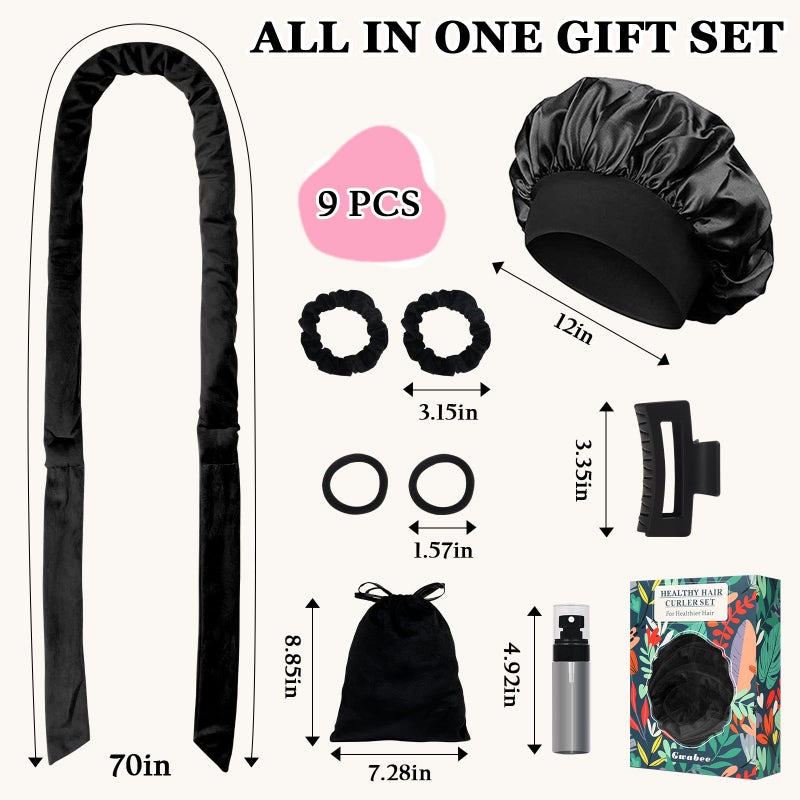 Gwabee No Heat Hair Curlers Overnight Curls Headband - 70" Soft Ribbon Curl Wrap for Long Hair, 9 PCS Curling Rod Set with Bonnet - Black - Image 5