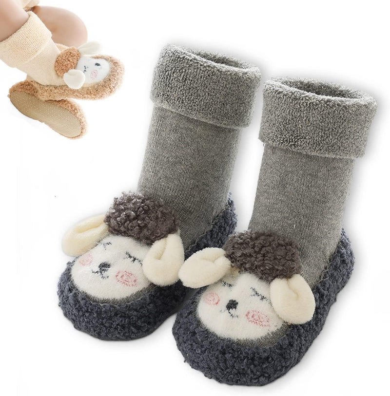 klarako Baby Cartoon Plush Cotton Toddler Shoes,Boy Girls Toddlers Thickened Animal Non-Skid Indoor Slipper Winter Warm Shoes Socks (Grey,12cm-for 6-12Months) - Image 1