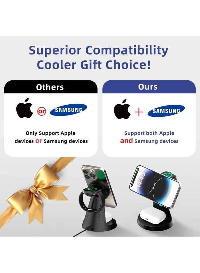 HCCBM 2025 New Magnetic Wireless Charger for Samsung & Apple Devices, 3 in 1 Charging Station Magnetic Charger Stand simultaneously Compatible with Samsung and Apple Series Black - Image 2