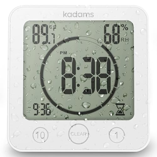 KADAMS Shower Clock Waterproof Bathroom Timer – Digital Wall Clock with Countdown, Magnetic Kitchen Clock with Temperature & Humidity, Suction Cup for Kids Shower Spa Sauna Cook Bath, White - Image 1