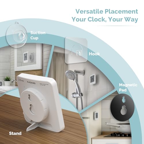 KADAMS Shower Clock Waterproof Bathroom Timer – Digital Wall Clock with Countdown, Magnetic Kitchen Clock with Temperature & Humidity, Suction Cup for Kids Shower Spa Sauna Cook Bath, White - Image 5