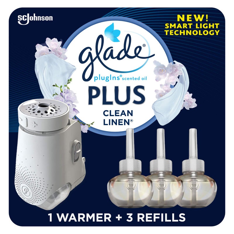 Glade PlugIns Plus Refills Air Freshener Starter Kit, Clean Linen, Scented and Essential Oils for Home and Bathroom, 0.67 Fl Oz, 1 Warmer + 3 Refills - Image 1