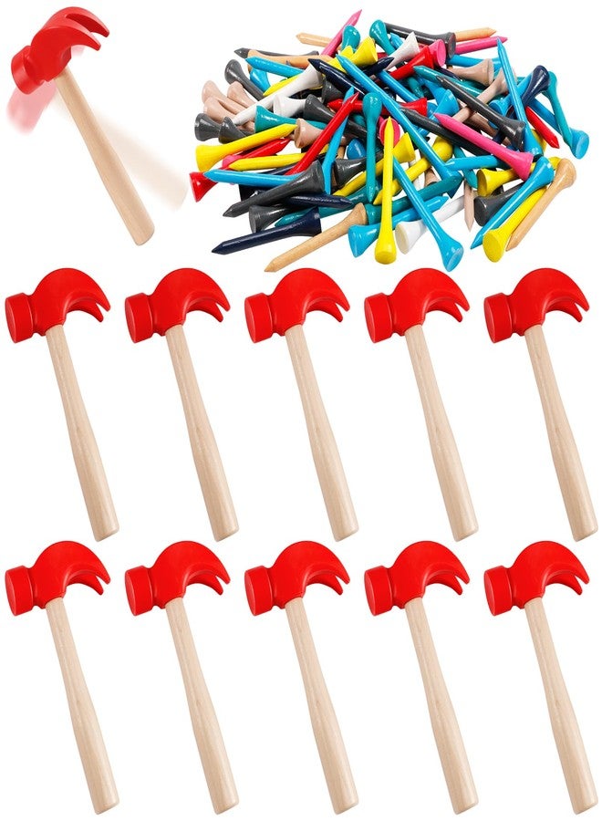 Tivcck 10 Pcs Wooden Hammer, 100 Colorful Wood Golf Tees, Small Plastic Hammers, Simulation Tool, Educational Kids Toy for School, Party Gifts - Image 1