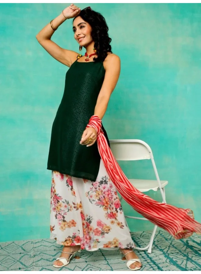 أيه كيه إس Green Printed Kurta & Foral Printed Palazzo With Dupatta Set