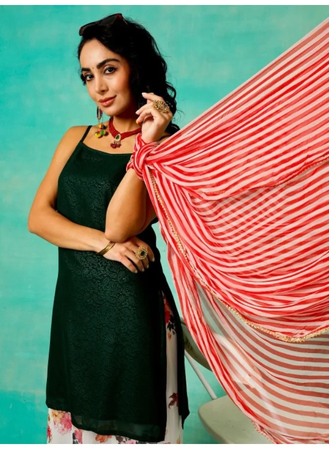 AKS Green Printed Kurta & Foral Printed Palazzo With Dupatta Set