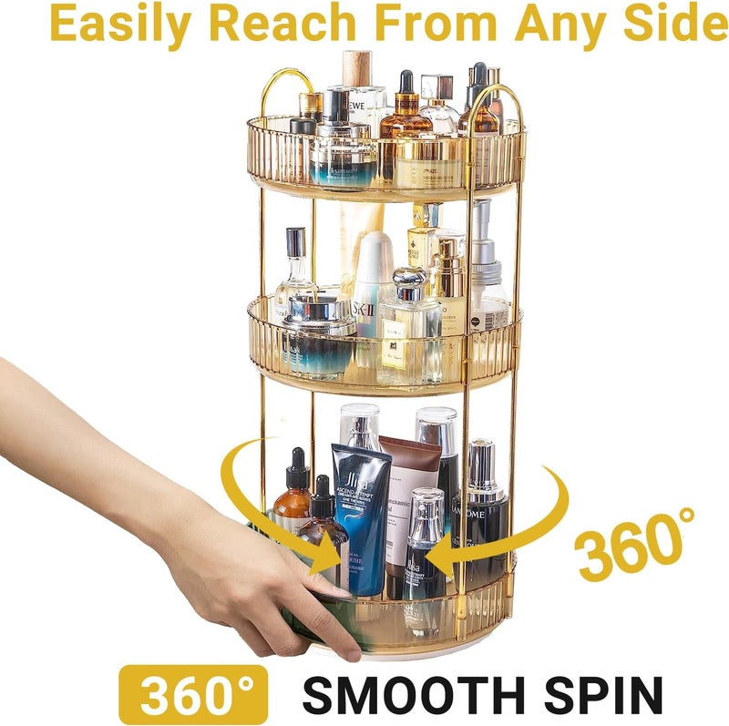 Asayuee 360 Rotating Makeup Organizer for Vanity,3 Tier Large Capacity Vanity Storage,Skincare Perfume Spinning Organizer,Bathroom Cosmetics Storage Makeup Stand Organizer (Gold-3 Tier) - Image 2