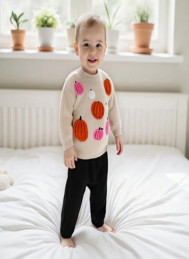 Kutterild Toddler Baby Boys Girls Halloween Sweaters Pumpkin Letter Ghost Long Sleeve Round Neck Ribbed Knitted Pullover Tops (Khaki h, 9-12 Months) - Image 2