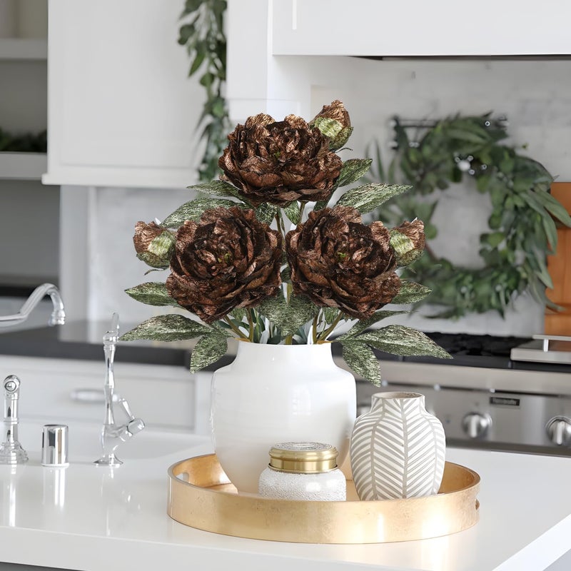 Briful 3PCS Artificial Christmas Peony Flower Stems, 15in Silk Peonies with Bud Fake Peony Floral Arrangement for Xmas Home Vase Party Wedding Bouquet Decor, Coffee Brown - Image 3