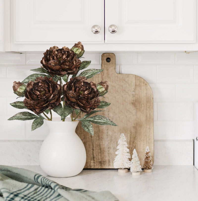 Briful 3PCS Artificial Christmas Peony Flower Stems, 15in Silk Peonies with Bud Fake Peony Floral Arrangement for Xmas Home Vase Party Wedding Bouquet Decor, Coffee Brown - Image 5