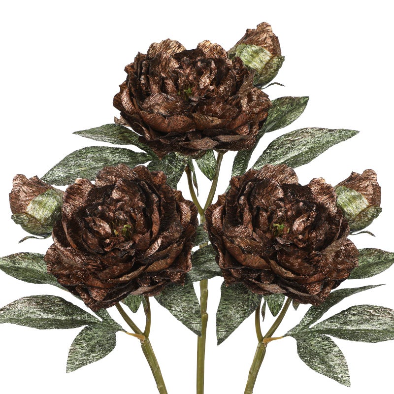 Briful 3PCS Artificial Christmas Peony Flower Stems, 15in Silk Peonies with Bud Fake Peony Floral Arrangement for Xmas Home Vase Party Wedding Bouquet Decor, Coffee Brown - Image 1