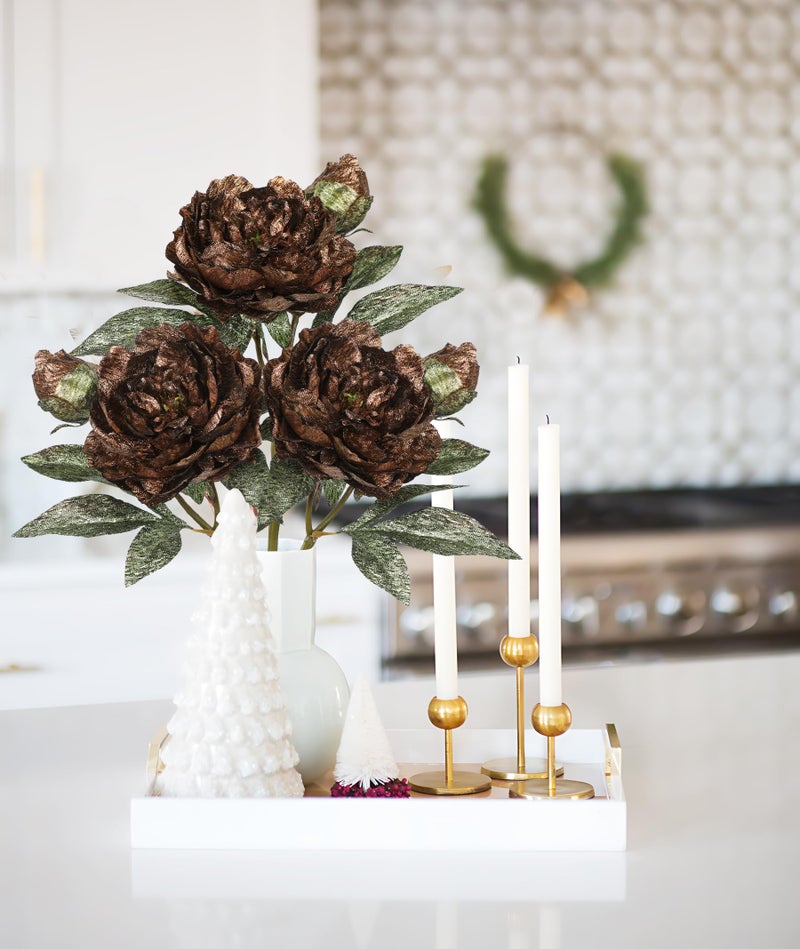 Briful 3PCS Artificial Christmas Peony Flower Stems, 15in Silk Peonies with Bud Fake Peony Floral Arrangement for Xmas Home Vase Party Wedding Bouquet Decor, Coffee Brown - Image 4