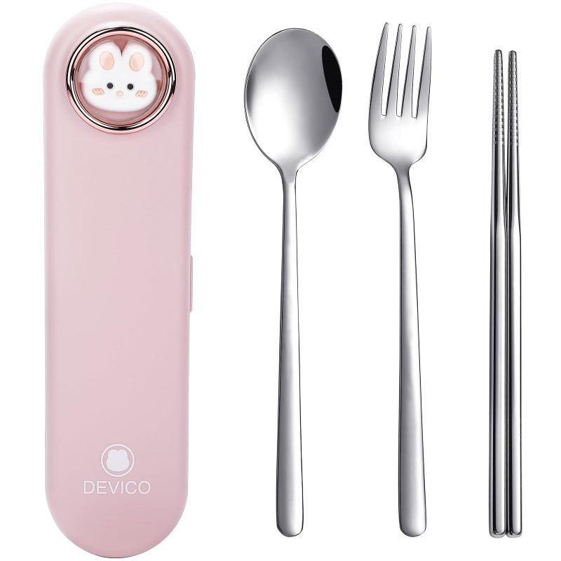 DEVICO Travel Utensils with Case Cute, Reusable Silverware for Lunch, Portable Cutlery Set, 18/8 Stainless Steel Fork Spoon Chopsticks in Cartoon Case, Dishwasher Safe (Pink) - Image 1