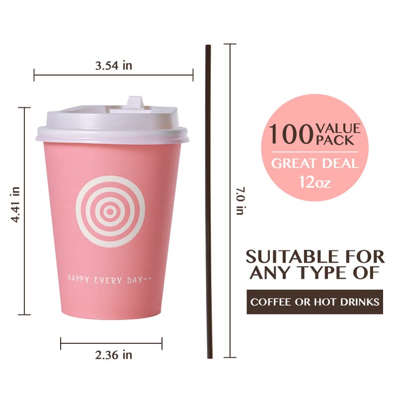 JollyPack 12 oz 100 Pack Paper Coffee Cups with Lids and Stirrers in Pink and Green. Great for Coffee  Juice  Tea  Home Use  Store and Cafe - Image 2