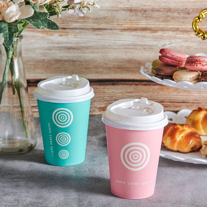 JollyPack 12 oz 100 Pack Paper Coffee Cups with Lids and Stirrers in Pink and Green. Great for Coffee  Juice  Tea  Home Use  Store and Cafe - Image 5