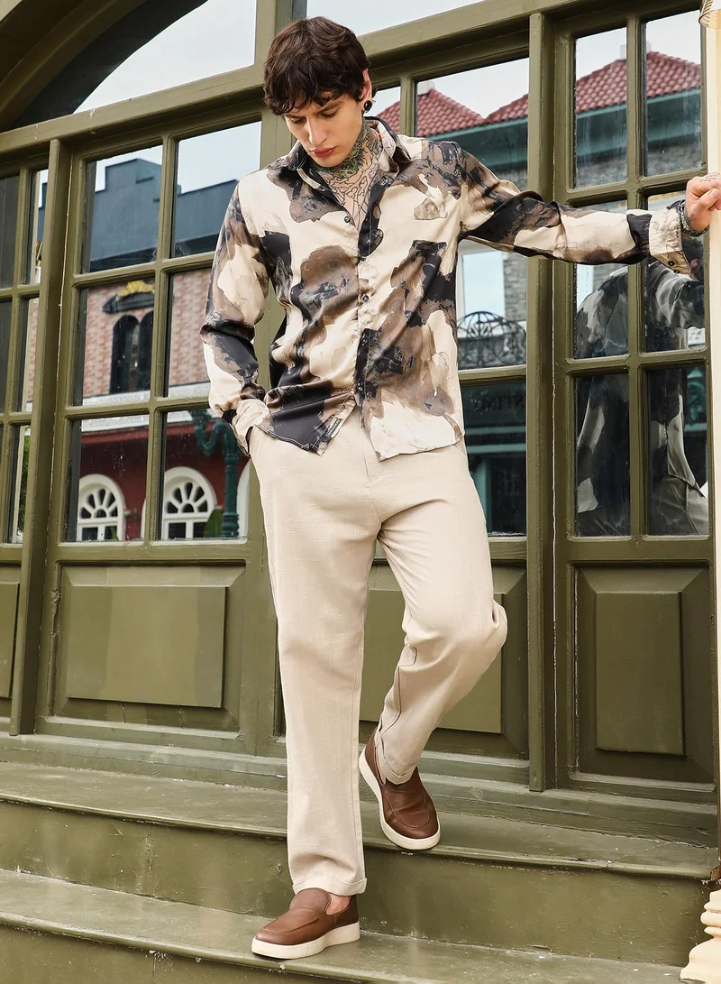 Campus Sutra Campus Sutra Men's Ecru Beige Abstract-Smear Imprint Shirt | Spread Collar , Long Cuffed Sleeves , Button Closure , Curved Hem | Abstract Print Plain | Polyester Shirt For Casual Wear