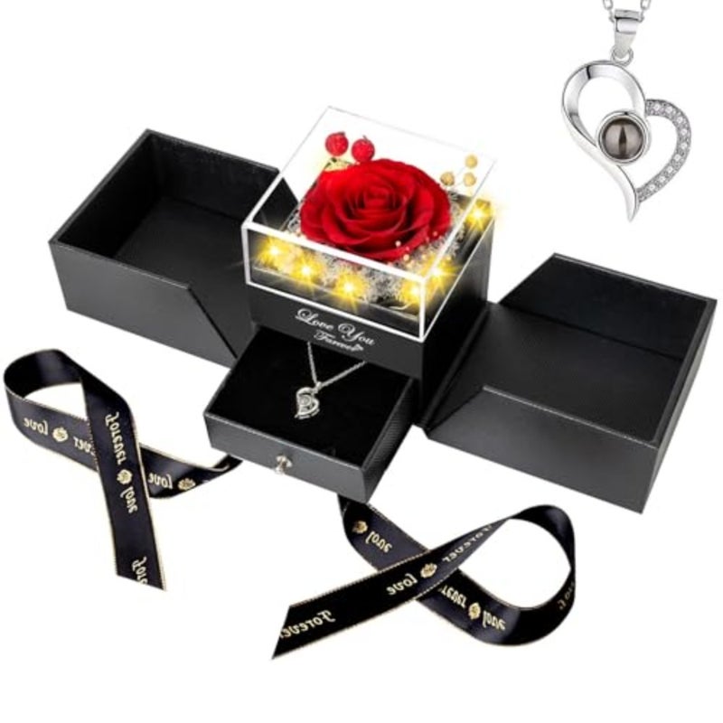 Preserved Red Real Rose with Necklace, Eternal Flowers Rose Gifts for Mom Grandma Wife Girlfriend on Mothers Day Birthday Valentines Anniversary Perfect Romantic Gifts for Her with I Love You - Image 1